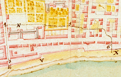[ Dtail d'un plan de Montral en 1734 montrant le secteur incendi le 10 avril, Chaussegros de Lry, Gaspard-Joseph, Bibliothque nationale de France Topographie-matire (supplments non classs), vol. 16, T. 1, Amrique septentrionale ]