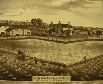 [ George Foreman Residence (Concession 13, Lot 28), Biddulph Township, 1878, Drawing from H.R. Page & Co., Illustrated Historical Atlas of the County of Middlesex, Ont., 1878, Unknown, University of Western Ontario Archives  ]