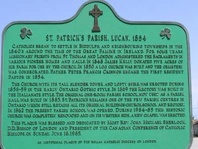 [ Plaque Outside of St. Patrick's Roman Catholic Church, Biddulph, 2005, Copyright Great Unsolved Canadian Mysteries Project, Jennifer Pettit,   ]