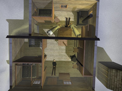 [ Overhead View of Murder Scene at the Donnelly Homestead, Based upon models and plans by Ray Fazakas with 
additional research by Jennifer Pettit, Kori Street and Lon Robichaud. Copyright Great Unsolved Mysteries in Canadian History Project

, Lon Robichaud and Mathieu Bilodeau,   ]