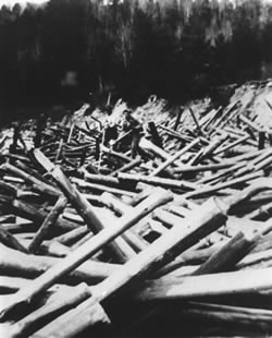 [ Two men breaking a log jam, in Algonquin Park ]