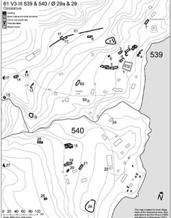 [ Map of Norse ruins at Quassiarsuk, presumed to be Brattahlid , General plan of Ruin group 539 & 540 /  29a &  29.
539:
1. Church and church dike, mainly built of large stones. The church measures app. 15 x 7.5 m and the dike app. 24 x 28 m. 
2. Dwelling and hall, app. 48 x 9-15 m. 
3. Stone-built house, app. 12 x 4 m. 
4. Turf- and stone-built house, app. 14 x 7 m. Indistinct and probably part of an early settlement phase. 
5. A large byre complex, app. 52 x 8-12 m. 
6. A small ruin of indefinite shape. 7. Stone-built house, or stable, app. 16 x 5 m. 
8. A large pen, app. 28 x 9-18 m. 
9. Stone-built house, app. 12 x 4 m, with an Inuit grave inside. 
10-11. Small stable and pen, built on both sides of the in-field dike. 12. A stable? App. 14 x 5 m. 
13. Stone-built house, app. 6 x 4 m. 
14. Stable or byre? Built of turf and stones, app. 15 x 6 m. The ruin has earlier been excavated and shows standing stall stones. 
15. Stone-built house, app. 6 x 4 m. 
16. A pen. 
17. A large pen, situated some distance from the other ruins, app. 50 x 30 m. This pen may belong to the so-called 'hill farm', Ruin group 
538.
59. A small, mainly turf-built church, app. 5 x 5 m, with surrounding churchyard. 
60. A very indistinct turf-built house with curved walls, app. 20 x 8 m, perhaps an early dwelling. 
61. In-field dike.
540:
18. Dwelling, app. 22 x 12 m. 
19. Byre, built of turf and stones, app. 26 x 7 m, with thick turf walls. The ruin has been excavated and shows standing stall stones. 
20. A stable? Small turf- and stone-built structure, app. 10 x 4 m. 21. Indistinct turf-built stable. 
22. A house, built of large stones. 
23. Oval pits. 
24. A ruin, app. 11 x 3 m. Ruins 22-24 could not be located in 2000, and have probably been destroyed by modern activities. 
25. Stone- and turf-built stable, app. 15 x 5 m. 
26. Stone-built house, app. 8 x 4m. 
27. A large pen, built of large blocks. 
28. A large pen, app. 40 x 30 m. a. Remains of Inuit winter houses.[…]
, Ole Guldager,  Fig 99 ]